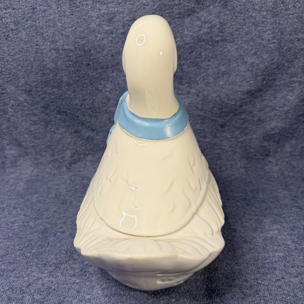 Vintage Ceramic Goose Cookie Jar White Country Farmhouse Blue Bow Kitsch Decor - Picture 5 of 9